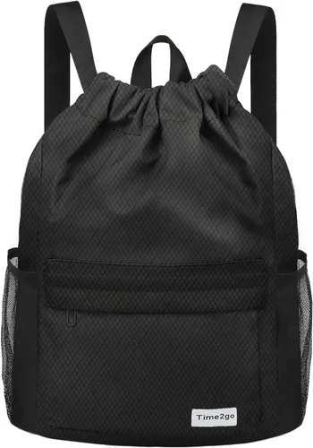 Mochila impermeable con cordón para deportes, gimnasio, con bolsillo de malla, bolsa de playa para hombres y mujeres, negro, (Solid - Black), Mediana