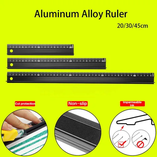 Vista 2 de Regla de aleación de aluminio con deflector que protege las tiras antideslizantes, regla de medida de 7.9 in en milímetros, regla de corte recto