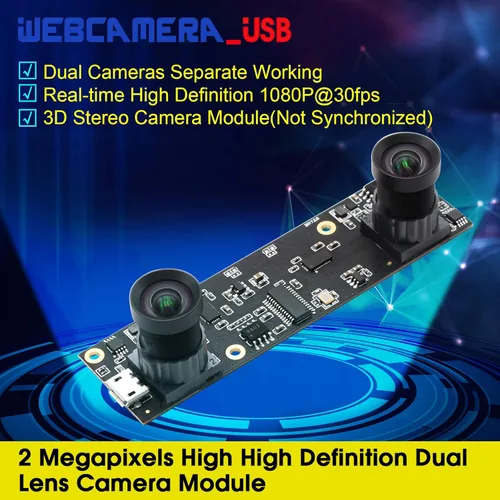 Vista 2 de Webcamera_USB 1080P Dual Lens Módulo de cámara USB para computadora Gran angular Dual Vision Lightburn Cámara Mini UVC USB2.0 Cámara web 3D Estéreo