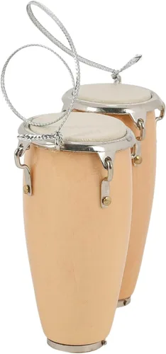 Vista 4 de Broadway Gifts Adorno de tambor de conga doble de madera marrón natural y latón de 2.8 pulgadas