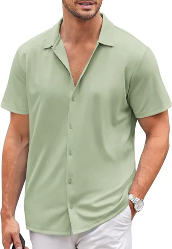 Vista 31 de COOFANDY Camisa casual con botones para hombre, manga corta, sin arrugas, camisa de verano