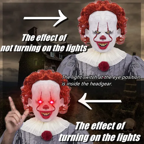 Vista 4 de Disfraz de payaso IT, disfraz de Halloween para adultos con máscara de payaso LED.