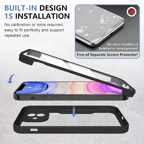 Vista 8 de Carcasa compatible con iPhone 11, diseño transparente, color negro Protector de pantalla integrado a prueba de golpes antiarañazos resistente