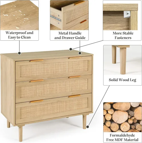 Vista 7 de HOPUBUY Cómoda de 3 cajones para dormitorio, cómoda moderna de ratán, cómoda de armario de madera de roble con 3 cajones para dormitorio, pasillo