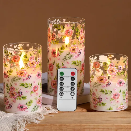 Vista 15 de Eywamage Juego de 3 velas LED de cristal, con forma de columna gruesa, funcionan con pilas, con control remoto, sin llama, parpadeantes, de cera