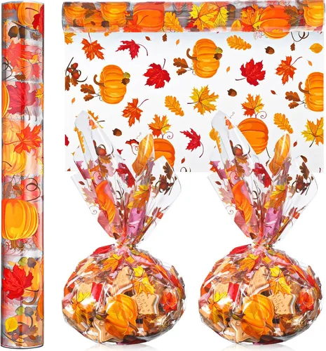 Papel de regalo de celofán de otoño, 100 x 16 pulgadas, 2.5 mil de grosor, rollo de envoltura de celofán transparente con temática de otoño,