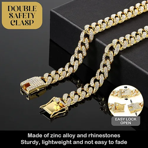 Vista 3 de Collar de cadena para perro, collar de diamantes para caminar, collar de metal con diseño de hebilla segura, collar de estilo cubano para mascotas