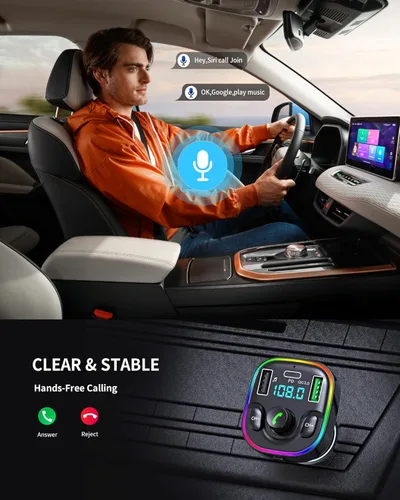 Vista 4 de Adaptador de transmisor FM Bluetooth 5.4 para automóvil, adaptador Bluetooth para automóvil con cargador rápido [PD 30W y QC3.0 18W], audio de alta