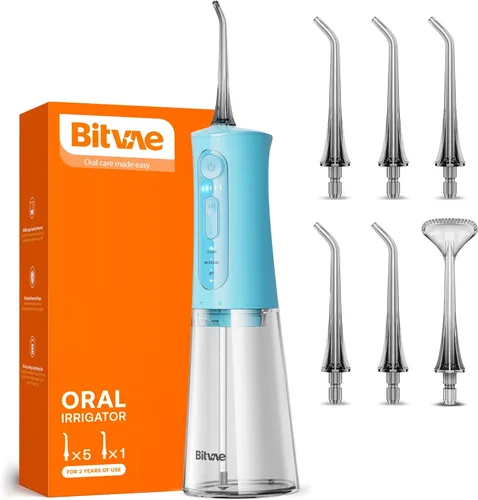 Vista 8 de Bitvae Irrigador dental de agua para dientes, Limpiador de dientes de agua recargable con boquillas, 3 modos, 5 intensidades, IPX7 impermeable