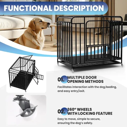 Vista 5 de 42'' Dog Kennel Heavy Duty Indoor Easy to Clean, 4 Lockable Wheels Extra Large Dog Crate with Removable Tray, Large Dog Crate Escape-Proof for