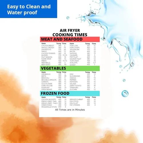 Vista 4 de Freidora de aire Imán Tiempos de cocción 6x9 Tabla de conversión de cocina - Carne Mariscos Verduras Alimentos congelados - Guía de cocción con imán