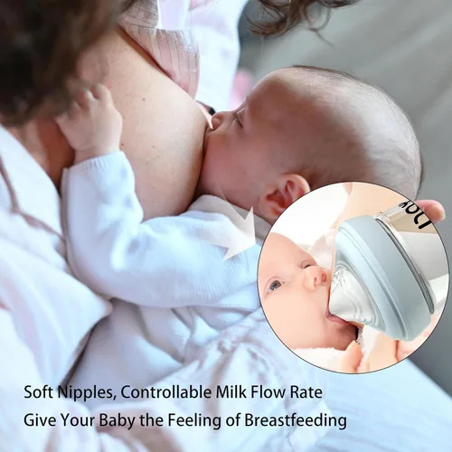 Vista 2 de yanyoyo Botella de Vidrio Natural para Bebés que Amamantan, 3 oz (90 ml) Botella Anticólica para Recién Nacidos con Tetinas de Flujo Lento (SS)