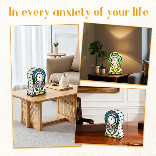 Vista 7 de Lámpara de mesa con forma de campana estilo Tiffany estilo rosa con reloj, lámpara de vitral, lámpara de reloj creativa, decoración para dormitorio