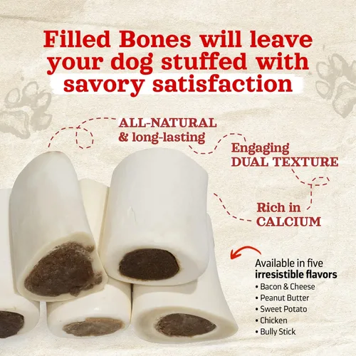 Vista 3 de Natural Farm Huesos para Perros Rellenos, Sabor a Tocino y Queso (5-6 Pulgadas, Paquete de 3), Golosinas de Hueso Dental para Perros