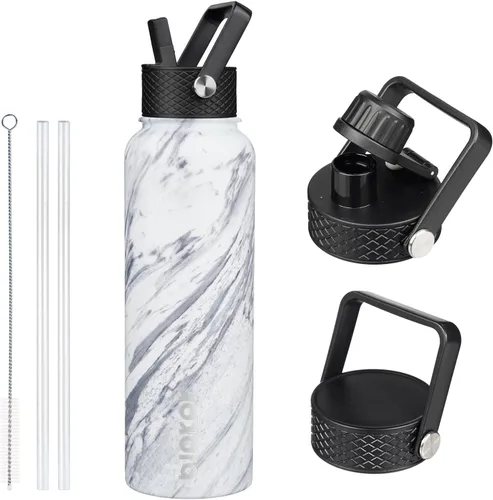 Vista 35 de BJPKPK - Botellas de agua aisladas con tapa de popote, botella de agua de acero inoxidable de 27 onzas con 3 tapas, termo de metal libre de BPA a