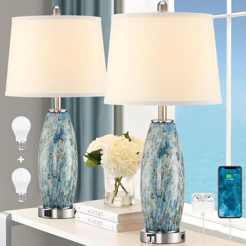 Vista 10 de Lámpara azul para dormitorio y mesita de noche con modos de iluminación de 3 vías y USB C+A - Lámpara de mesa de noche de vidrio de estilo moderno
