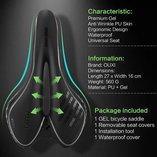 Vista 2 de OUXI Asiento de Bicicleta Cómodo Sillín de Bicicleta de Gel Cómodo de Repuesto Suave Acolchado con Absorción de Impactos Impermeable para MTB