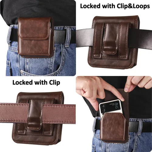 Vista 5 de Funda para Samsung Galaxy Z Flip 7/6/5, funda de cuero premium para teléfono con clip para cinturón funda para cinturón para Motorola Razr Plus, Café