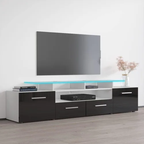 Vista 2 de Evora - Mueble moderno para TV (76 pulgadas de ancho y alto brillo, cuerpo mate, color blanco/negro)