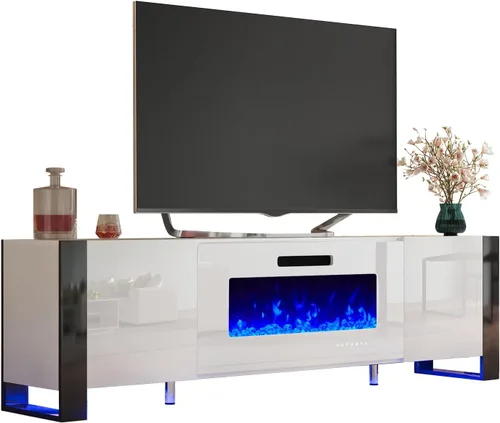 Vista 8 de AMERLIFE Soporte de TV con chimenea de 36 pulgadas, luces LED modernas de alto brillo para centro de entretenimiento de 70 pulgadas, patas