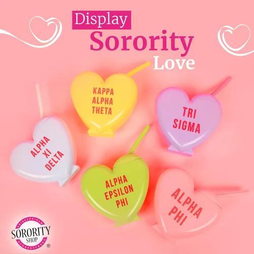 Vista 6 de Sorority Shop Delta Phi Epsilon - Vaso con pajita, vaso de 16 onzas en forma de corazón de caramelo con tapa y popote de silicona, vaso de plástico