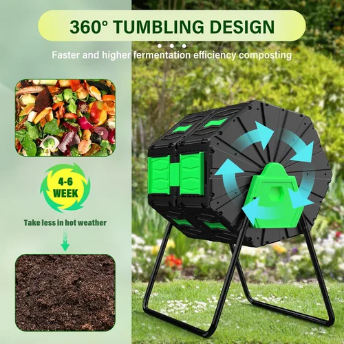 Vista 8 de Compost Bin Outdoor 45 Gallon, BPA-Free Dual Chamber Rotating Composter for Kitchen Waste, Heavy-Duty Fast Compost Tumbler Great Sustainable Gift