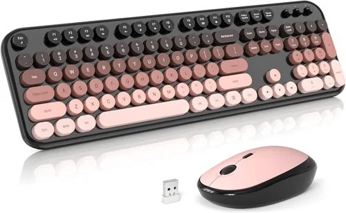 Vista 15 de Combinación de teclados y mouse inalámbricos, teclado colorido de máquina de escribir SQMD con teclas redondas, teclado inalámbrico retro USB de 2.4