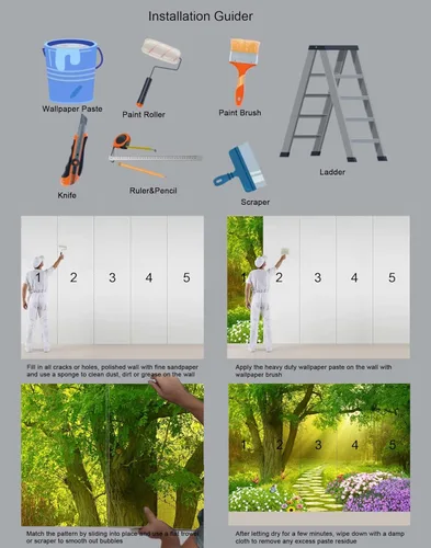 Vista 6 de Papel tapiz para dormitorio, sala de estar y fondo de TV, diseño de bosque con flores y sendero (no es autoadhesivo)