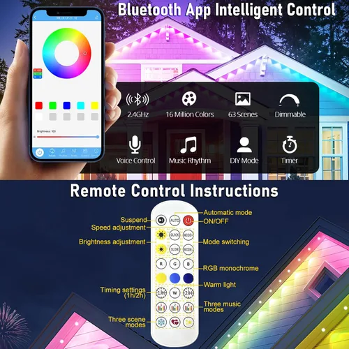 Vista 3 de MUCCCUTE Luces Permanentes al Aire Libre para Navidad de 150 pies RGB + IC para Aleros con Aplicación y Control Remoto, Cadena de Luces LED al Aire