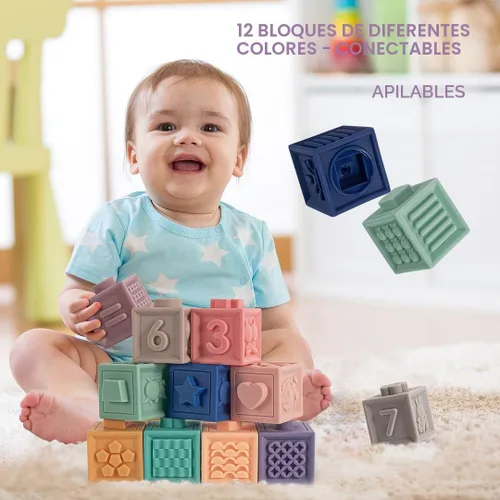 Vista 4 de SpringFlower Juguetes Montessori 3 en 1 para bebés de 0-3-6-12 meses, dentición suave para bebés, bloques de construcción apilables para bebés