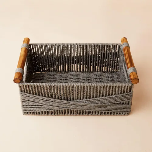 Vista 3 de LA JOLIE MUSE Cestas de almacenamiento de mimbre para organizar, cesta de cuerda de papel reciclable con asas de madera, cestas decorativas tejidas