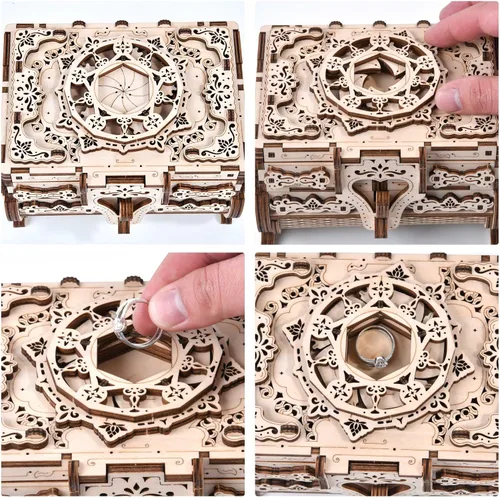 Vista 4 de Varbertos Rompecabezas de madera 3D, caja del tesoro mecánica, kit de construcción de modelos de montaje creativo de madera para construir