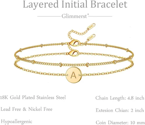 Vista 6 de Pulsera con inicial para mujer, chapada en oro de 18 quilates, de acero inoxidable en capas, con monedas, pulsera con nombre personalizado