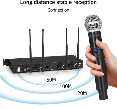 Vista 4 de MicrocKing Sistema de micrófono inalámbrico, con 4 micrófonos de mano, construcción de metal, frecuencia fija, largo alcance de 400 pies, ideal