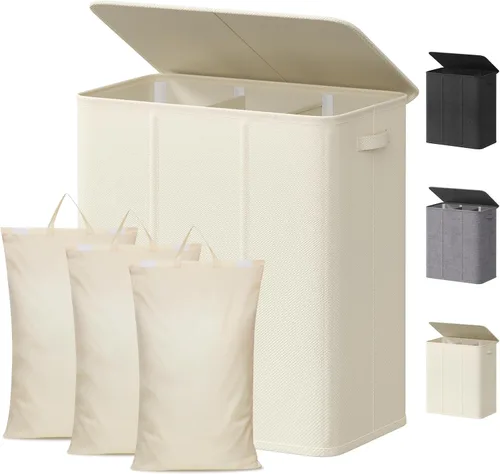 Vista 23 de Lifewit Cesta de lavandería con tapa y bolsa de lavandería extraíble, grande, plegable, 1 divisor, cesta de ropa sucia con asas para dormitorio
