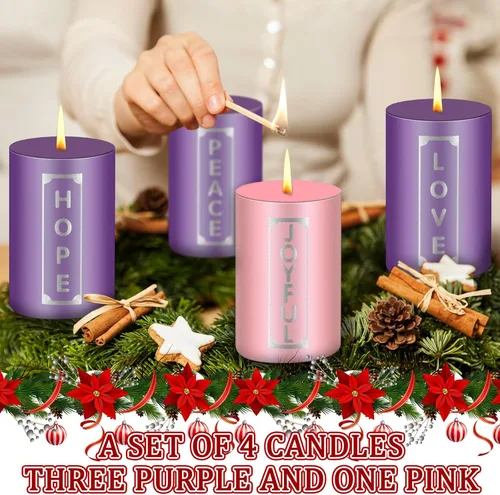 Vista 3 de MTLEE Juego de 4 velas de Adviento de Navidad con palabras, velas de pilar, velas de corona de Adviento para el hogar de adultos, bodas, anillos