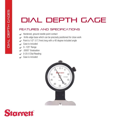 Vista 2 de Starrett Medidor de profundidad de esfera con base de borde de cuchillo, contacto de aguja y estuche - cara blanca, rango de 0-.125 pulgadas