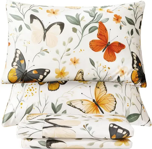 Vista 20 de QSH Juego de sábanas de tamaño individual 100% algodón egipcio, estampado de flores verdes con pájaros, mariposas y botánicas, lujo impreso, ropa