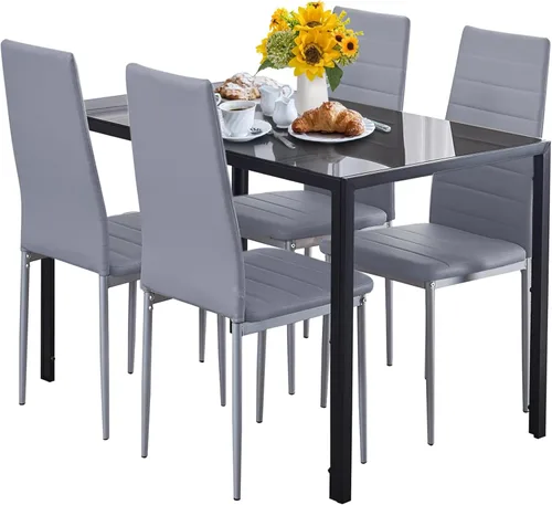 Vista 11 de Juego de mesa de comedor de cristal de 5 piezas con sillas, juego de mesa de comedor moderno para 4, juego de mesa y sillas de cocina de cristal