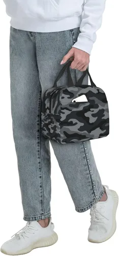Vista 8 de Fiokroo Bolsa de almuerzo aislada de camuflaje militar, lonchera de camuflaje negro y gris, reutilizable, bolsa de almuerzo para escuela, trabajo