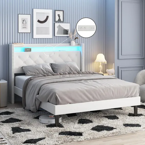 Vista 3 de Vabches Base de cama de tamaño matrimonial con cabecera LED, plataforma tapizada de terciopelo con luces y estación de carga, cabecera