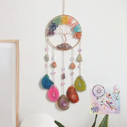 Vista 8 de Atrapasueños del árbol de la vida, Dreamsum atrapasueños para adultos con cristal de arco iris, hecho a mano, ágata dorada, decoración de ventana