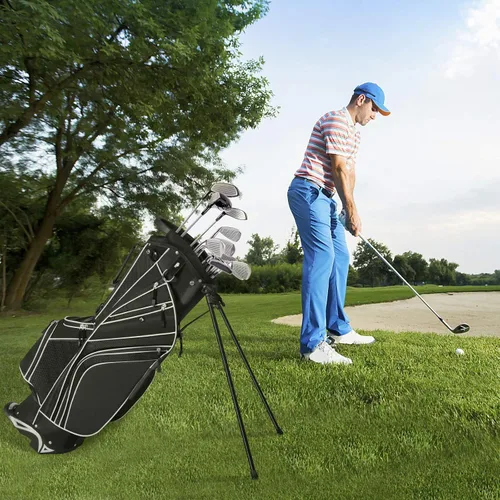 Vista 3 de Bolsa de golf Tangkula con 6 divisores superiores, bolsa de golf ligera con doble correa ajustable y 8 bolsillos, capucha impermeable para lluvia