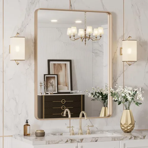 Vista 59 de LOAAO Espejo de baño dorado de 28 x 36 pulgadas, espejo rectangular redondeado con marco dorado, espejo de tocador de baño dorado cepillado montado