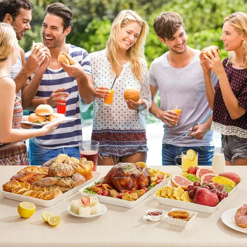 Vista 4 de Lifewit Bandeja de plástico para suministros de fiesta, platos de 15 x 10 pulgadas para servir alimentos, 3 bandejas blancas reutilizables