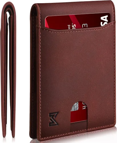 MIROMIHO Cartera delgada de cuero genuino para hombre, minimalista, plegable, bloqueo RFID con caja de regalo
