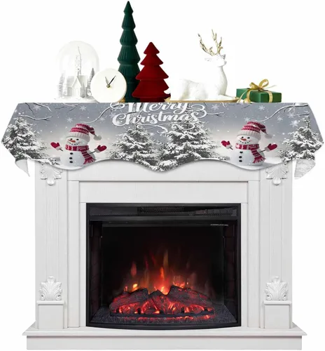 Bufanda de Navidad gris para chimenea, muñeco de nieve gris para chimenea, decoración de mantel de Navidad con copo de nieve de invierno, cubierta de Gehucoxee