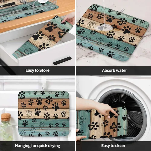 Vista 4 de Tapete de secado de platos con estampado de patas de perro para encimera de cocina, tapete de secado de platos de madera verde azulado, marrón