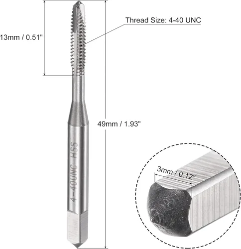 Vista 2 de uxcell Grifo roscado de punta espiral 4-40 UNC, HSS (acero de alta velocidad) Macho de rosca de máquina 3 flautas rectas sin recubrimiento