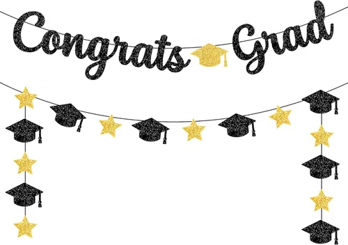 KatchOn, Cartel de graduación de felicitaciones negras y doradas con purpurina, 10 pies, pancarta de graduación negra y dorada, guirnalda de gorra